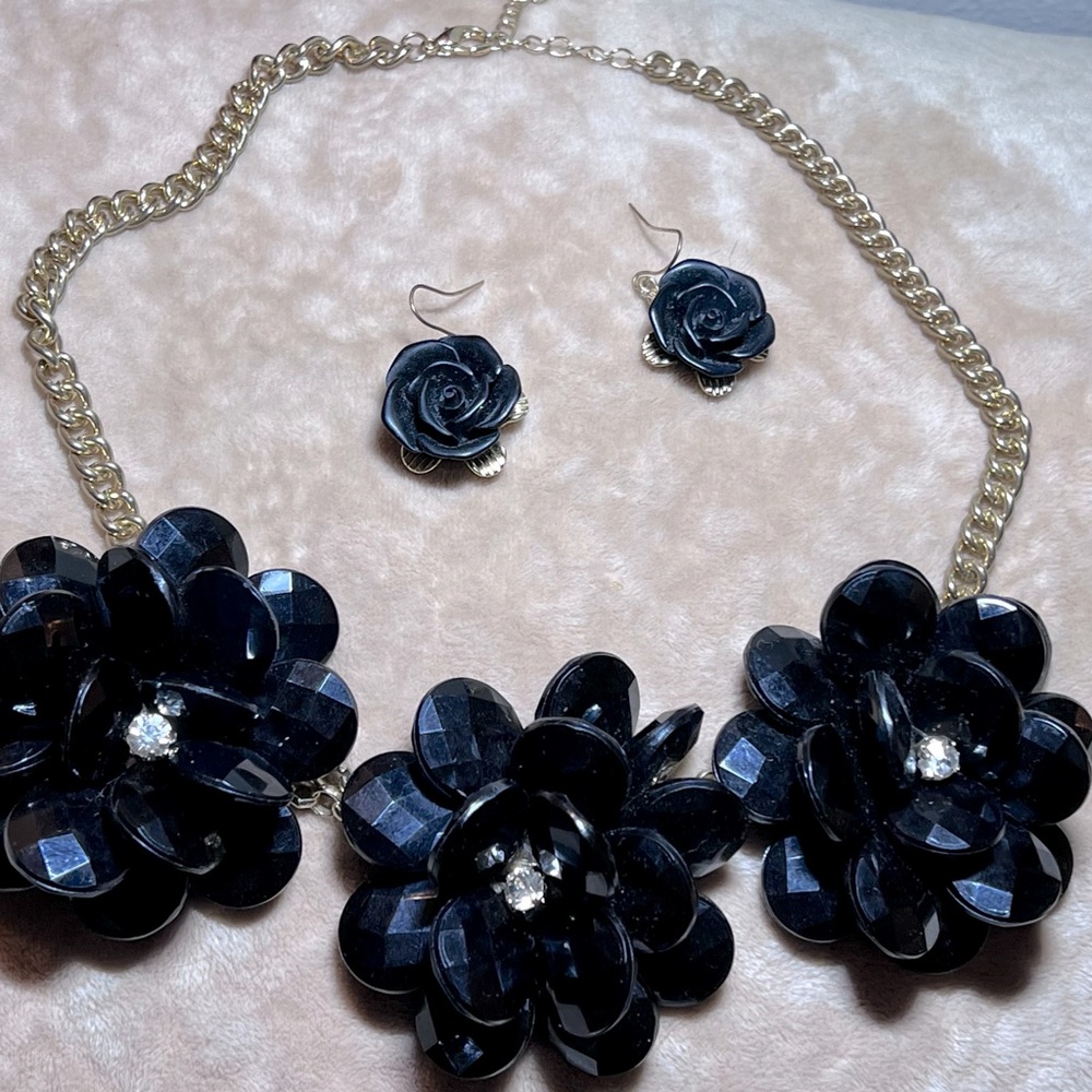 Triple Black Rose and Earrings Set with CZ accent